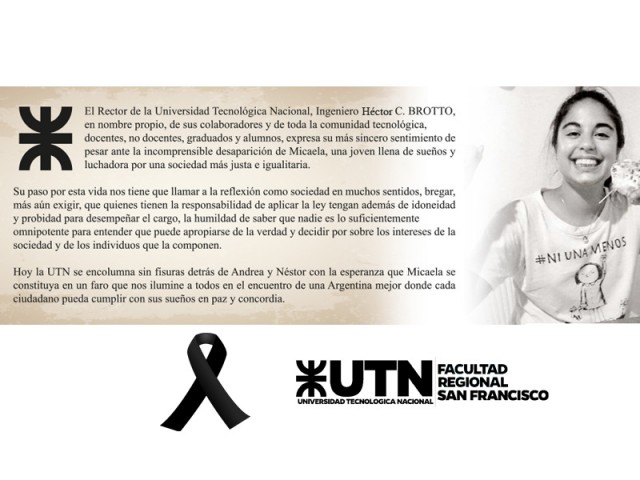 Profundo dolor en toda la comunidad de la UTN por la muerte de Micaela García